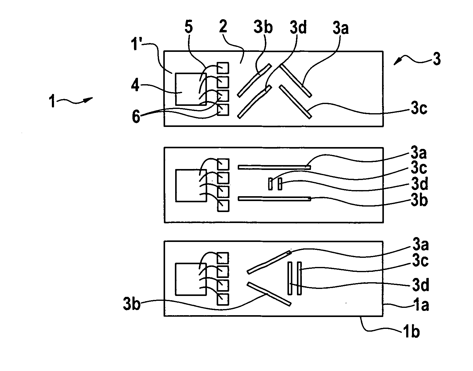 Device for measuring torsions, bendings, and the like, and corresponding manufacturing method