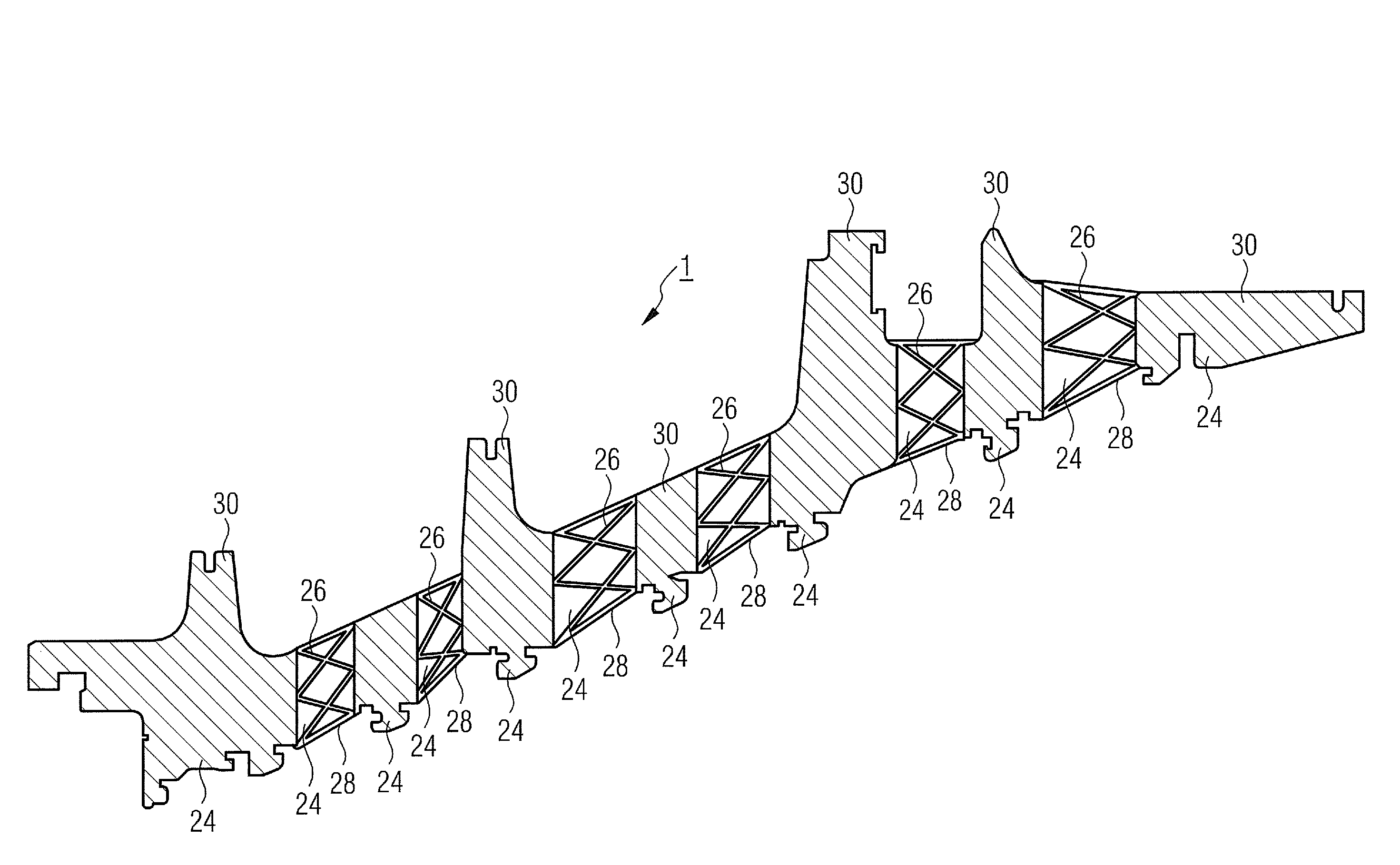 Axially segmented guide vane mount for a gas turbine