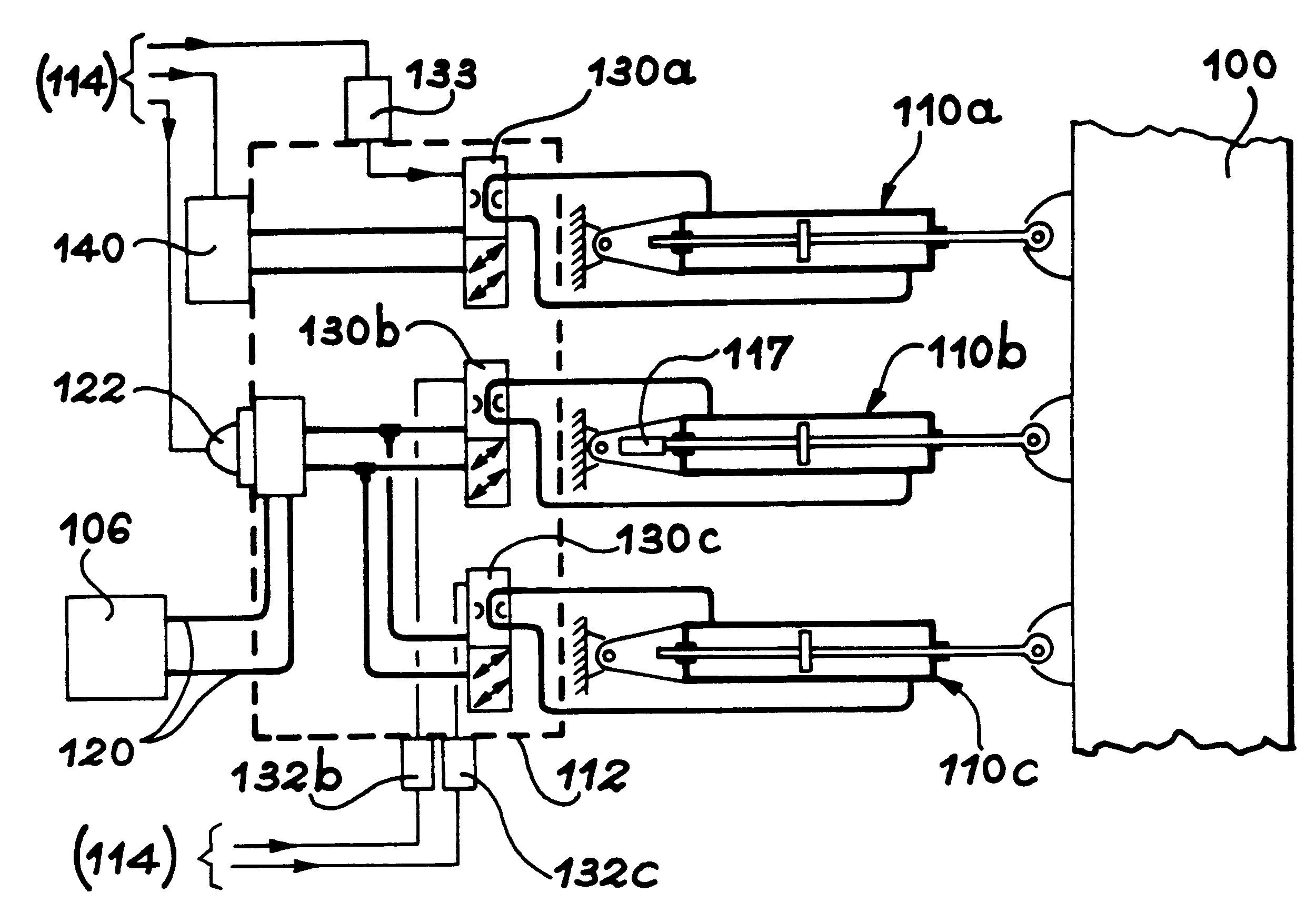 Process and control system for an aircraft control surface actuated by multiple hydraulic jacks and with modular power