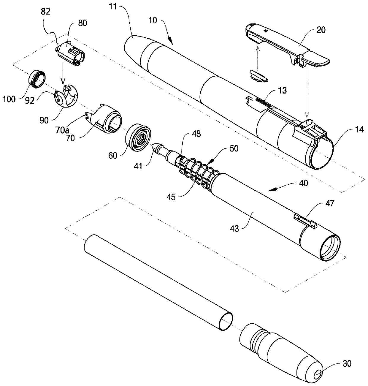 Writing utensil with self-sealing structure