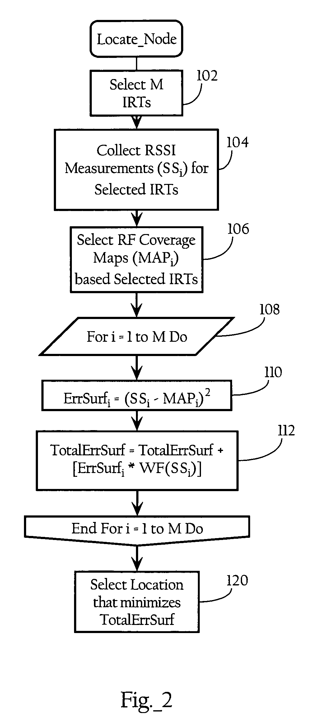 Location of wireless nodes using signal strength weighting metric