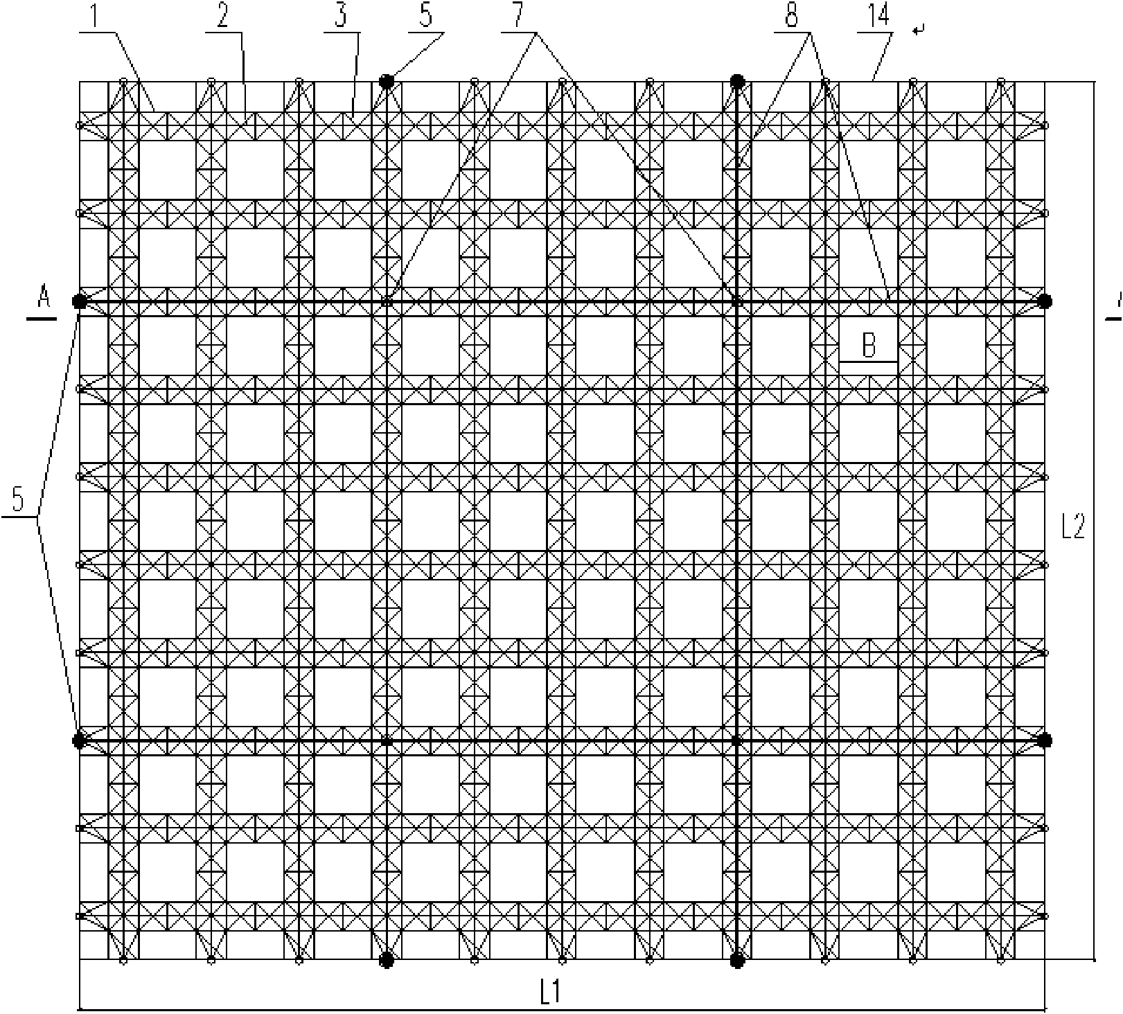 Roof with approximately quadrate plane and super large space pre-stressed steel grid structure and manufacturing method thereof