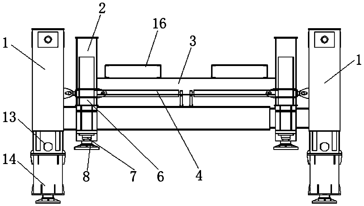 Variable-span double-support large-displacement front-end support transverse moving device and method for trestle