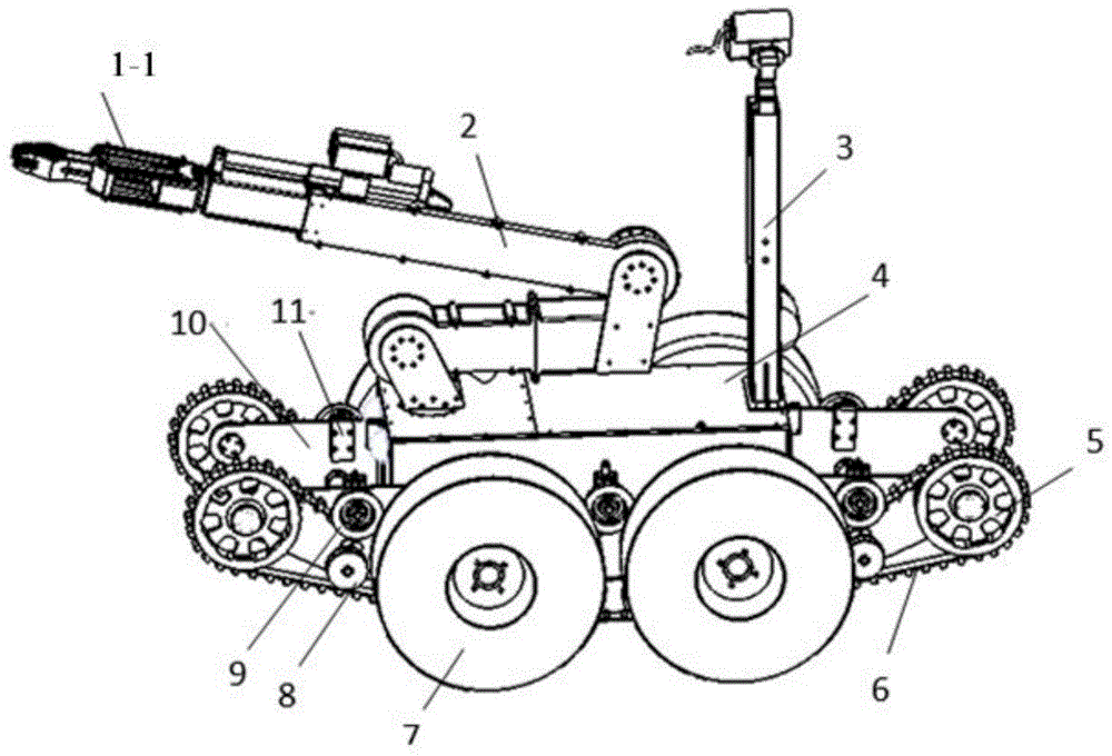 Swing arm type track explosive-handling robot and walking method thereof