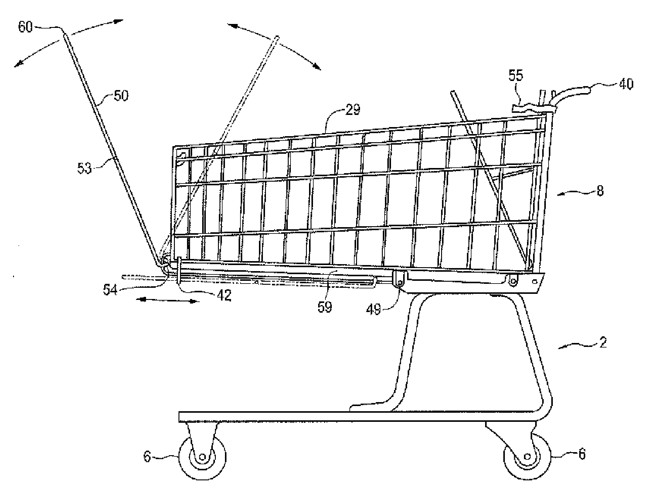 Shopping cart with displaceable front wall