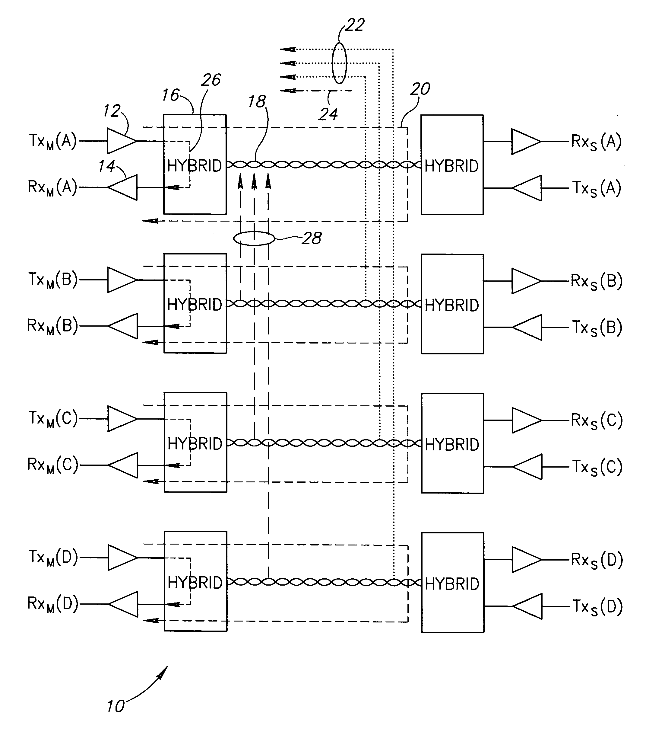 Interference canceller tap sharing in a communications transceiver