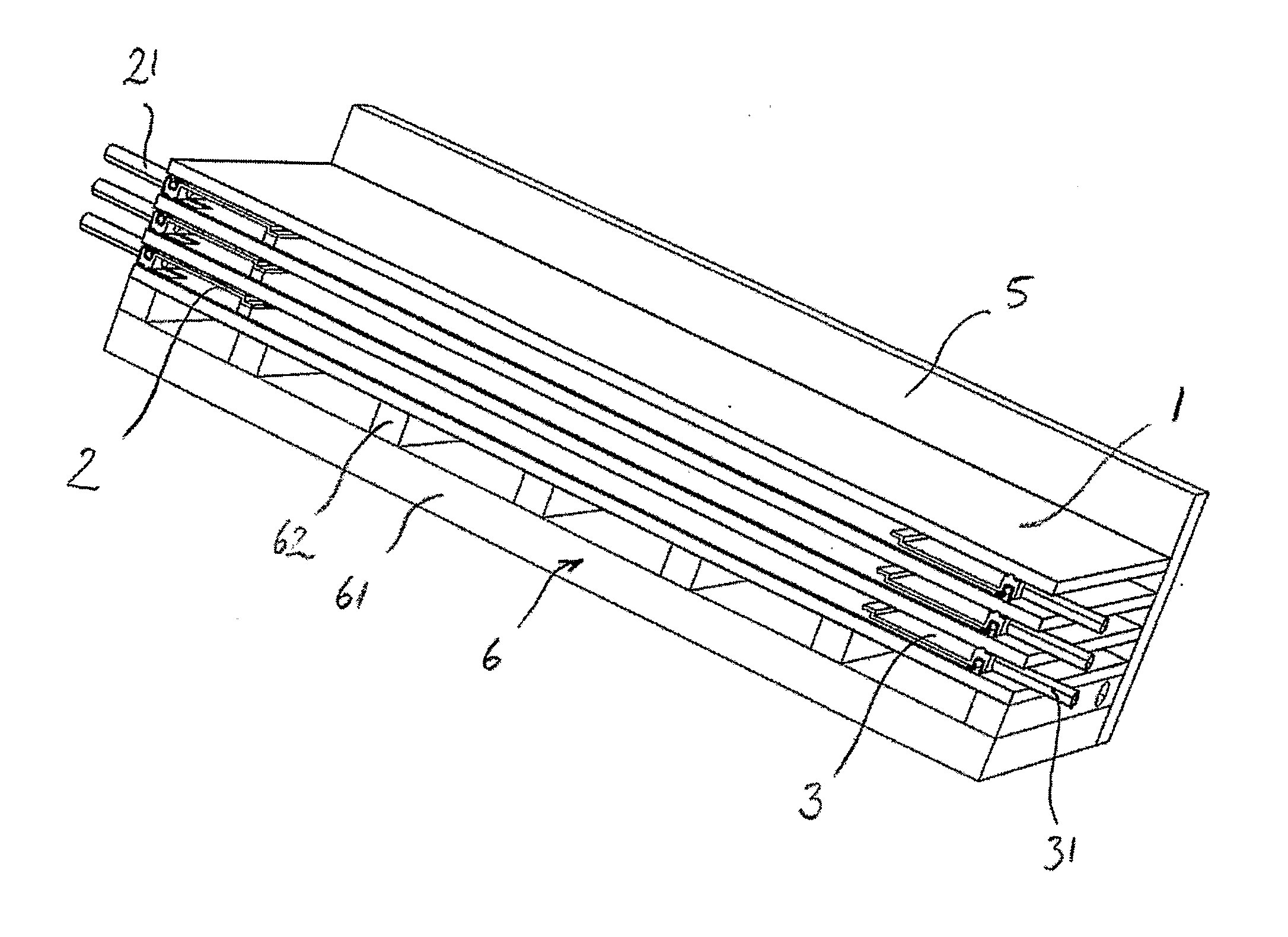 Tilted multi effect distillation module with means for heating and cooling