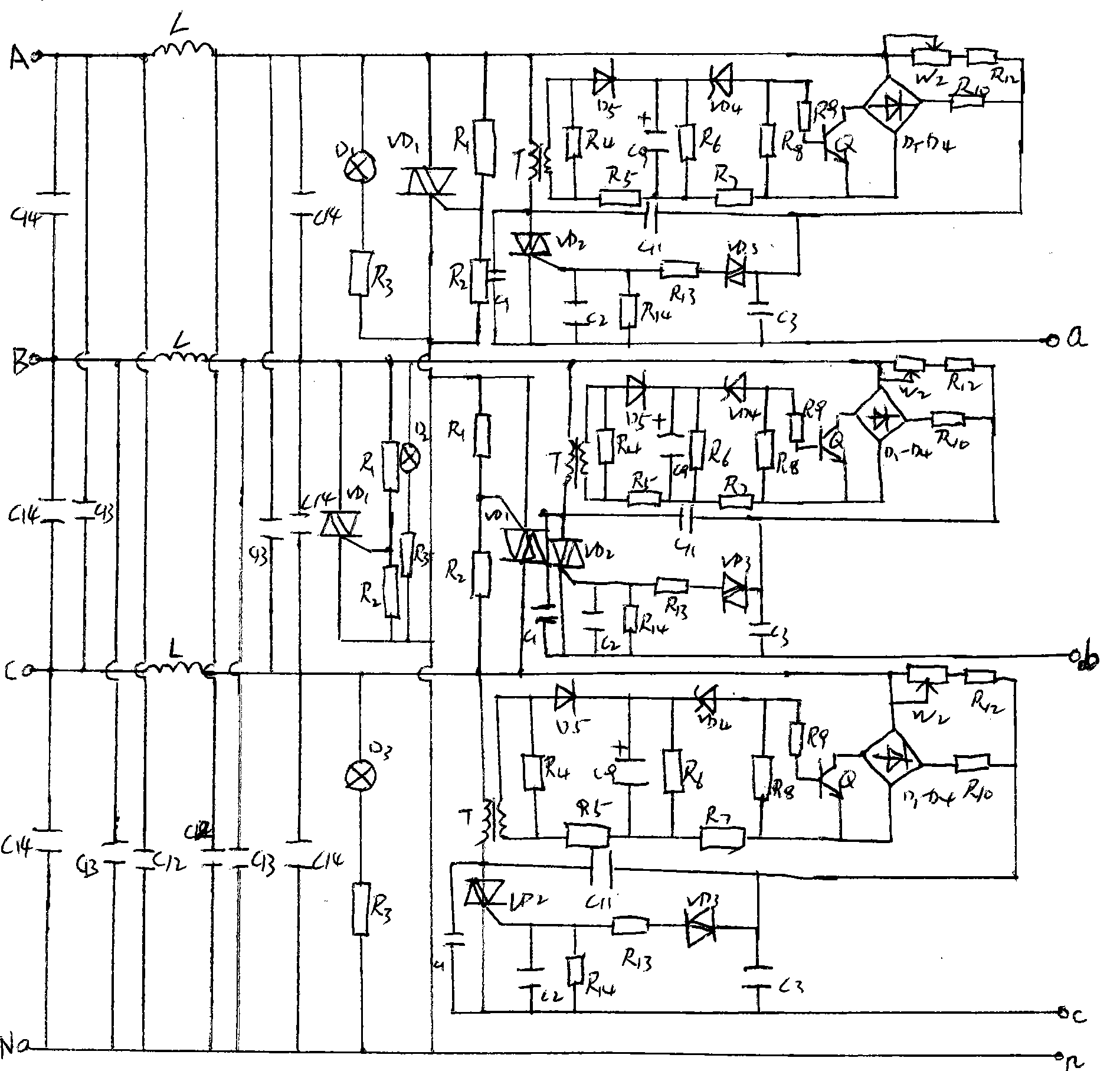 Electronic power-saving device for three phase sewing machine