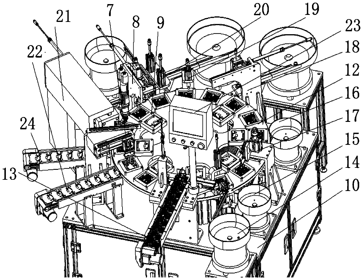 Automatic assembling and locking production line for miniature circuit breaker