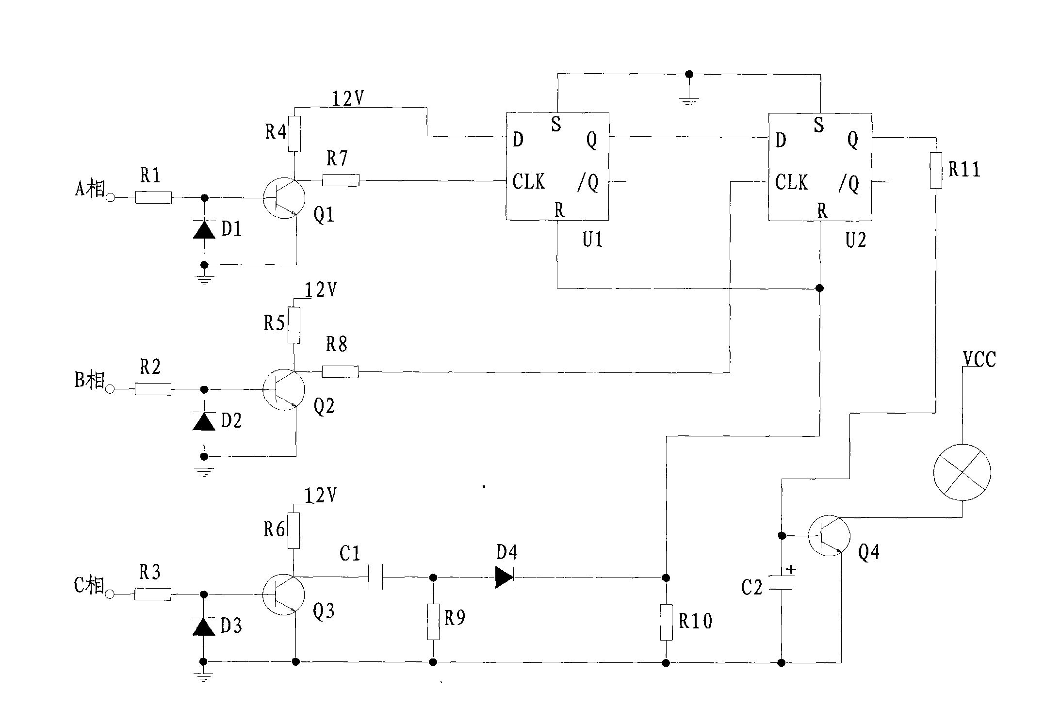 Three-phase alternating current phase sequence testing circuit