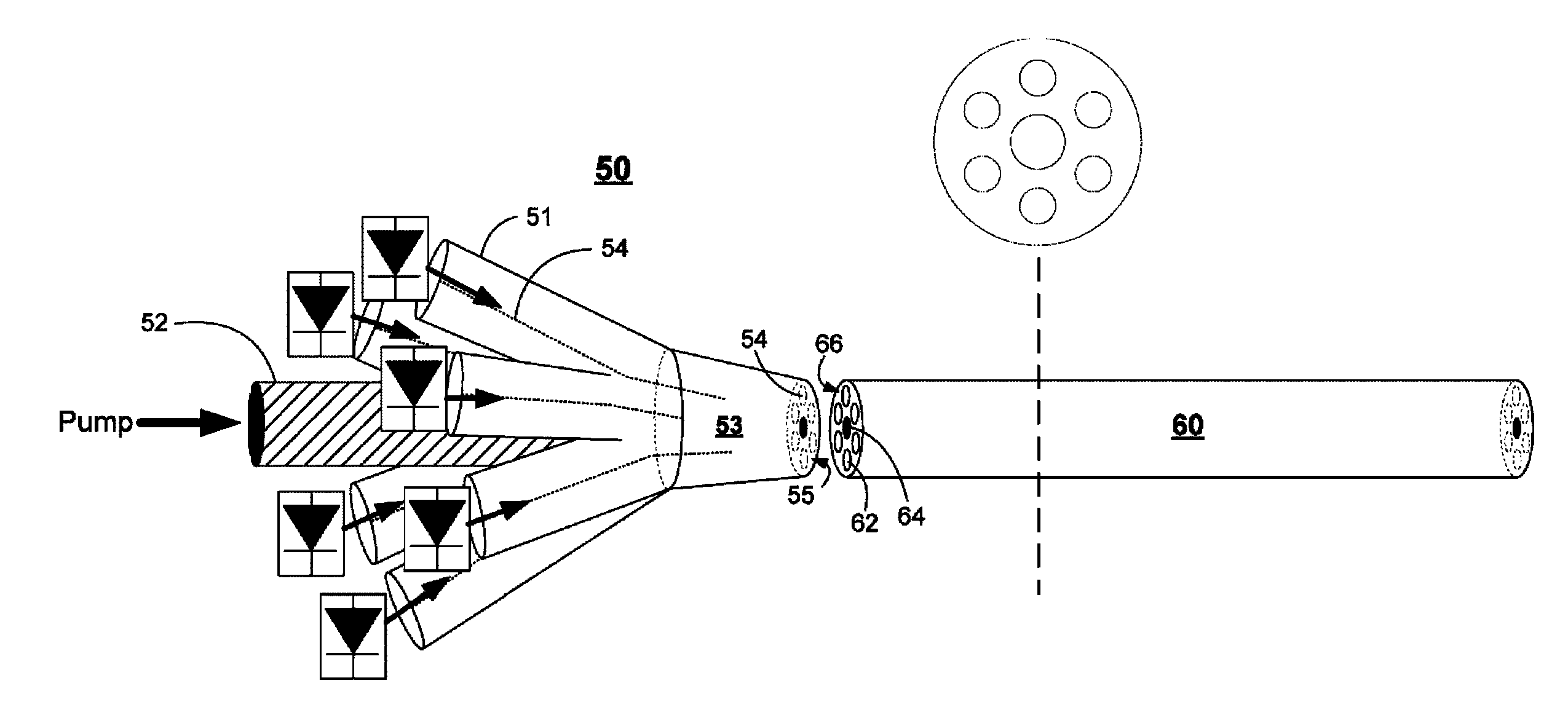 Multicore transmission and amplifier fibers and schemes for launching pump light to amplifier cores