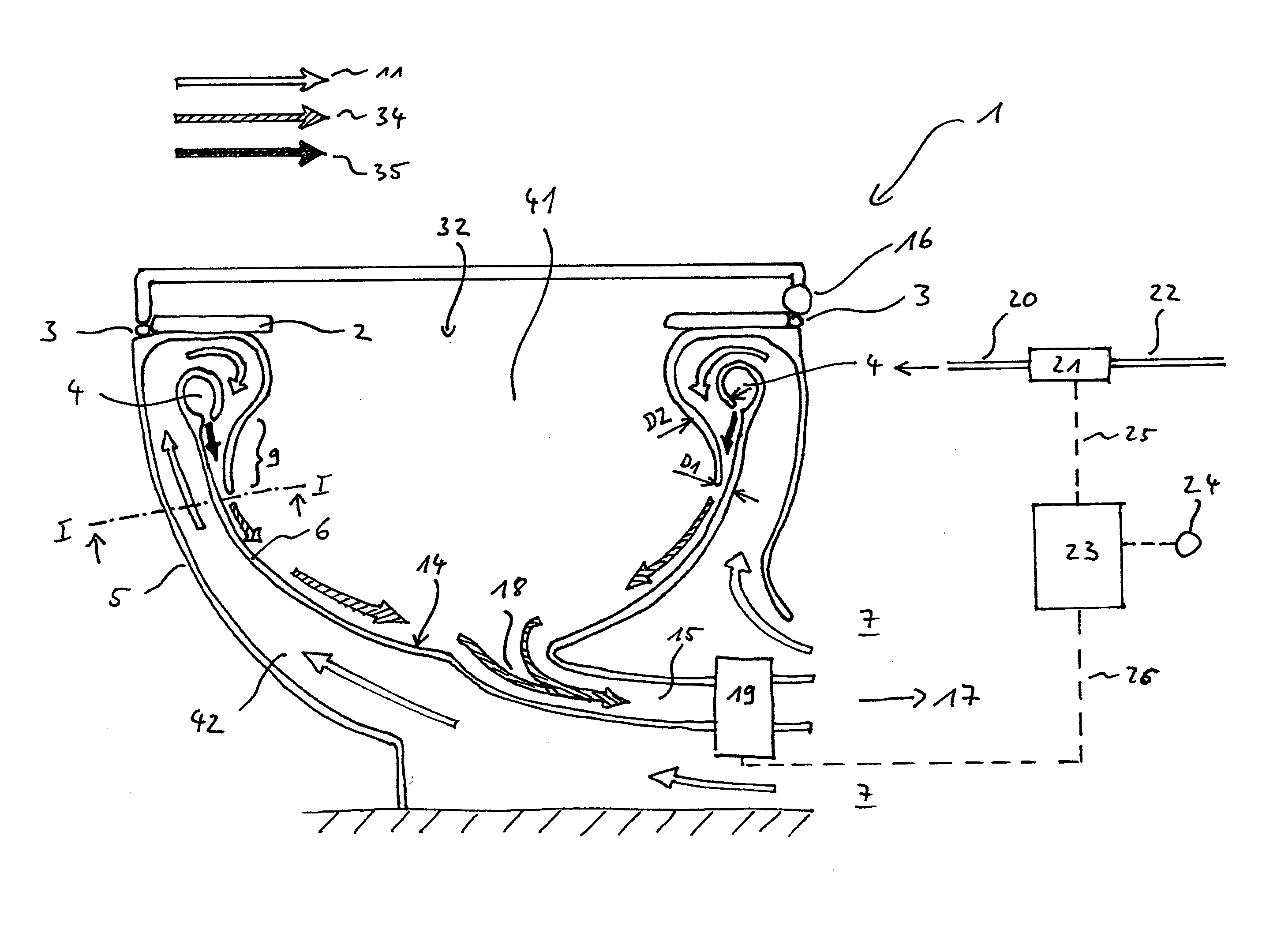 Flushing device and flushing method for a vacuum toilet