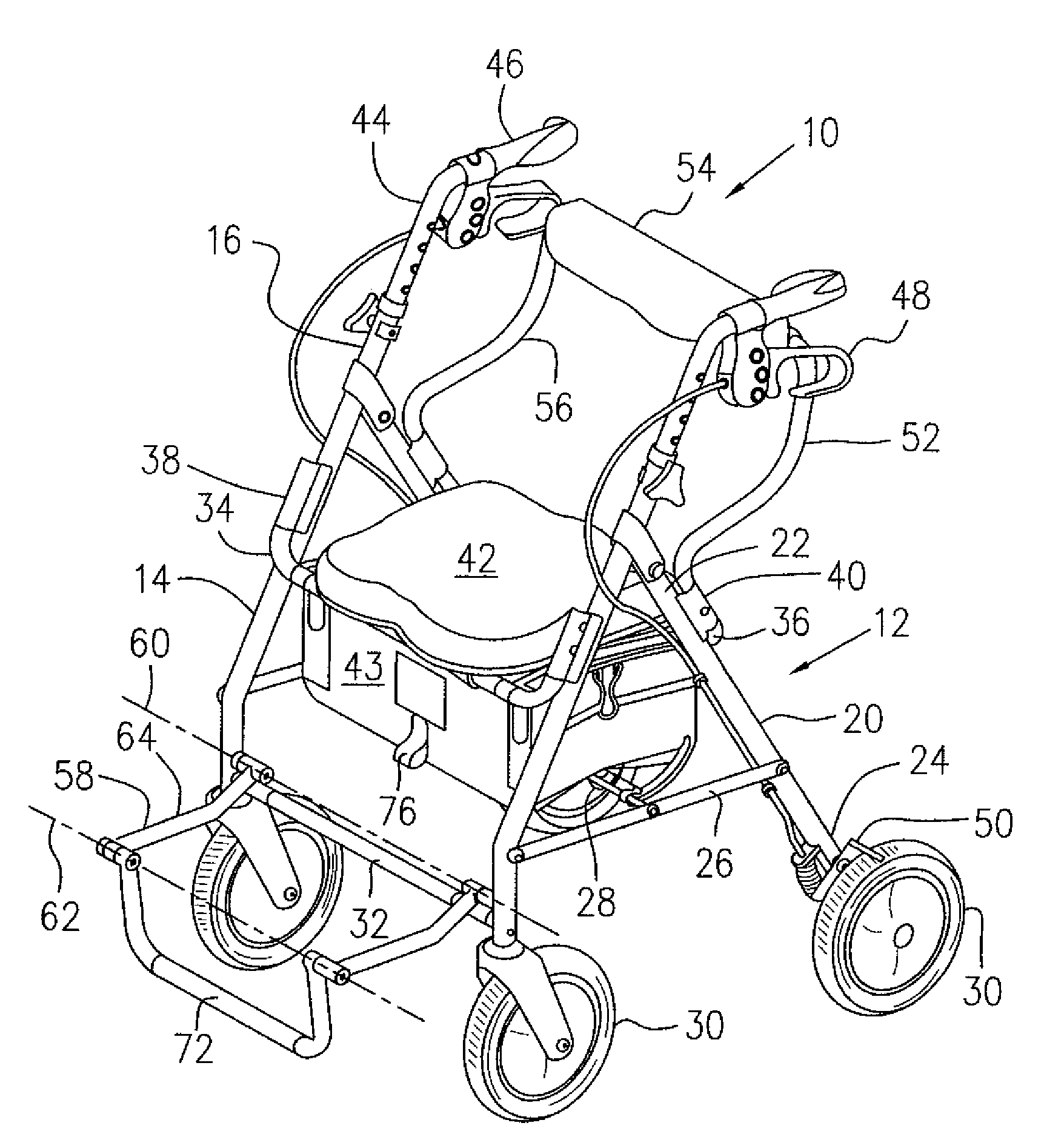 Height adjustable rolling walker for transportation seating