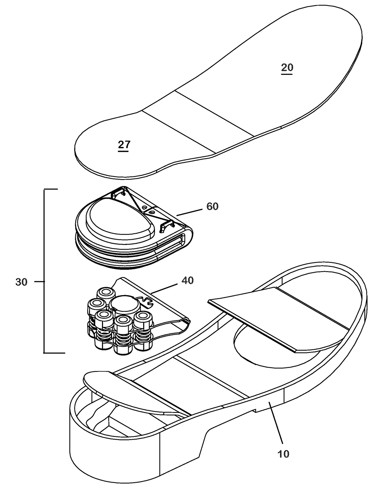 Quick change shock mitigation outsole insert with energy harvester