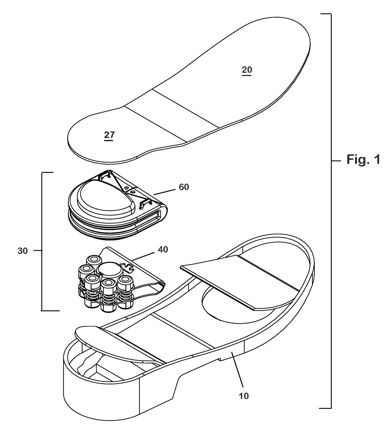 Quick change shock mitigation outsole insert with energy harvester