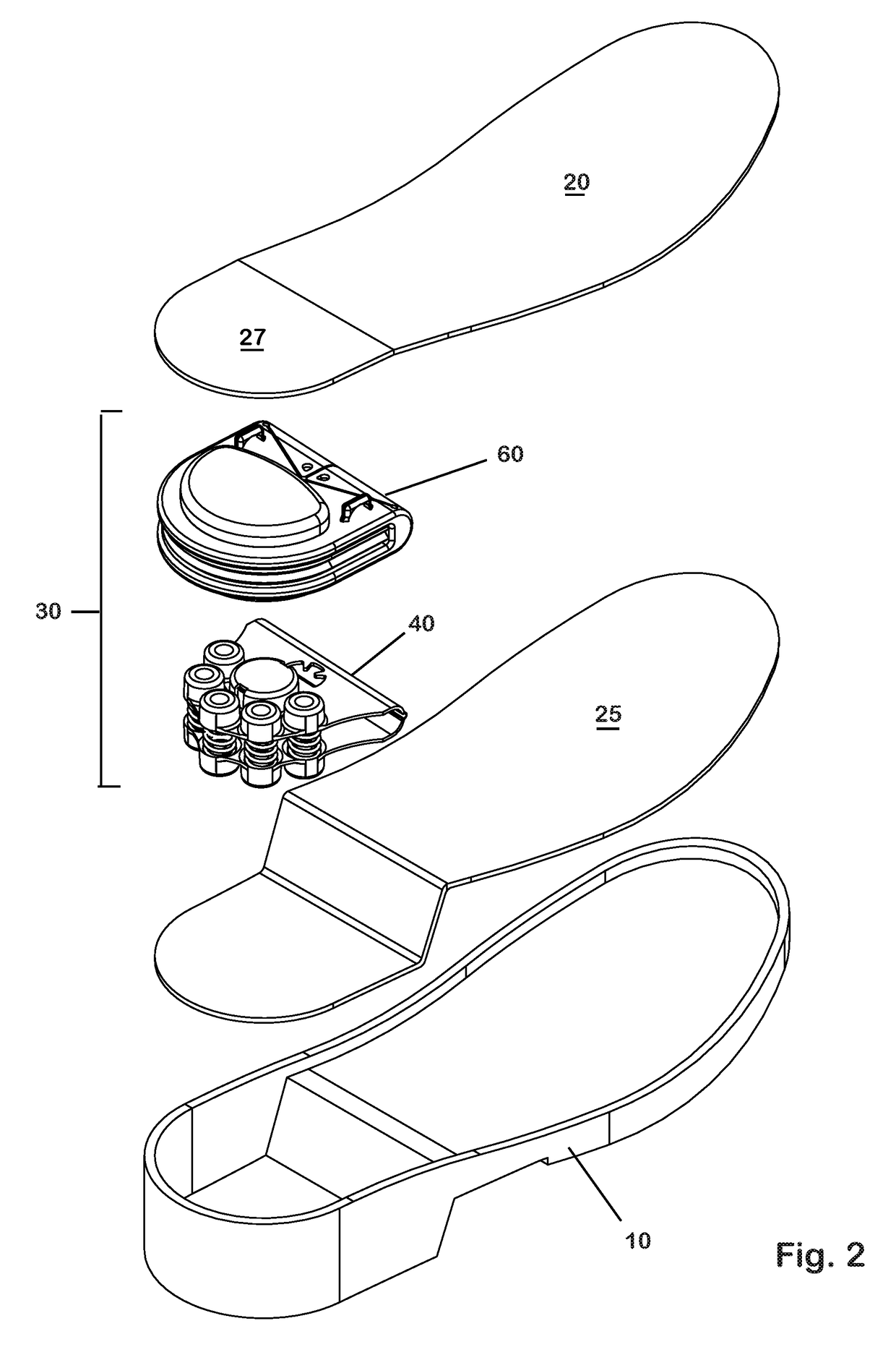 Quick change shock mitigation outsole insert with energy harvester