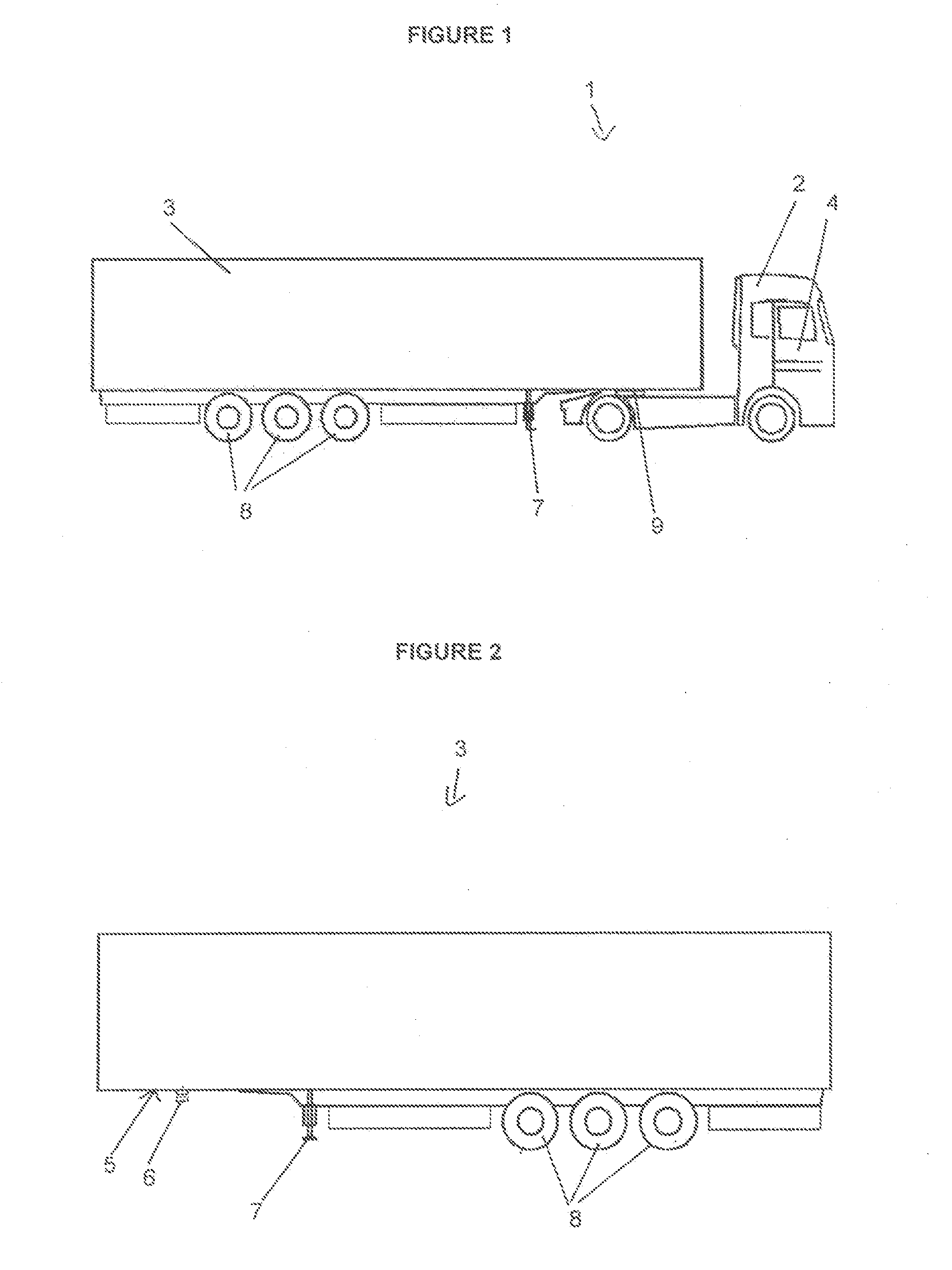 Method and transfer terminal for transferring semi-trailers from railway to roadway, and vice versa and for transporting semi-trailers by rail, as well as traction vehicle for semi-trailers and tractor trailer unit