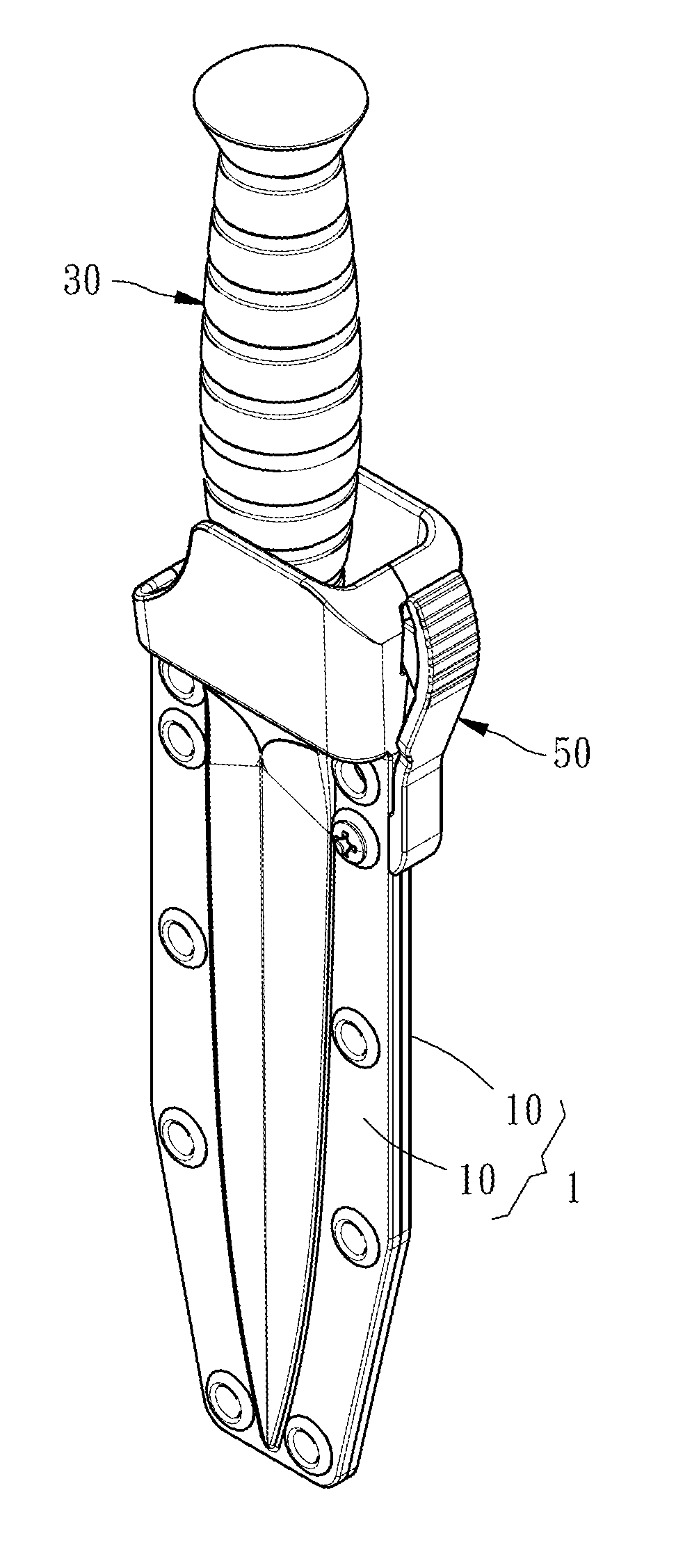 Knife and sheath assembly with realeasable knife securing function