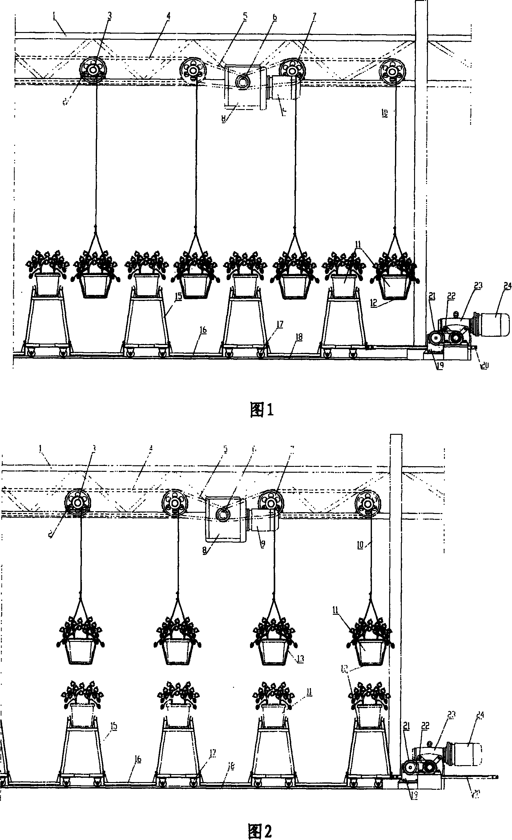 Lifting and translating type greenhouse high-density trough planting mechanical device