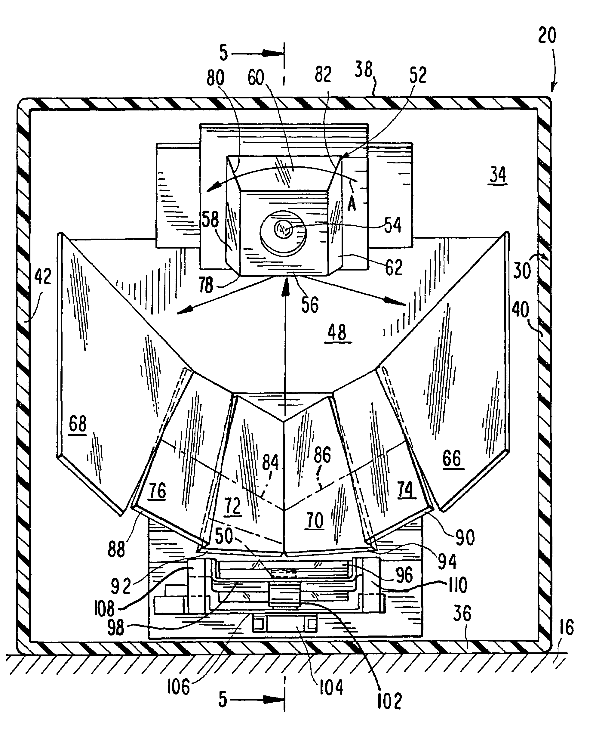 Reader for electro-optically reading indicia through vertical window at which full coverage, omni-directional scan pattern is generated