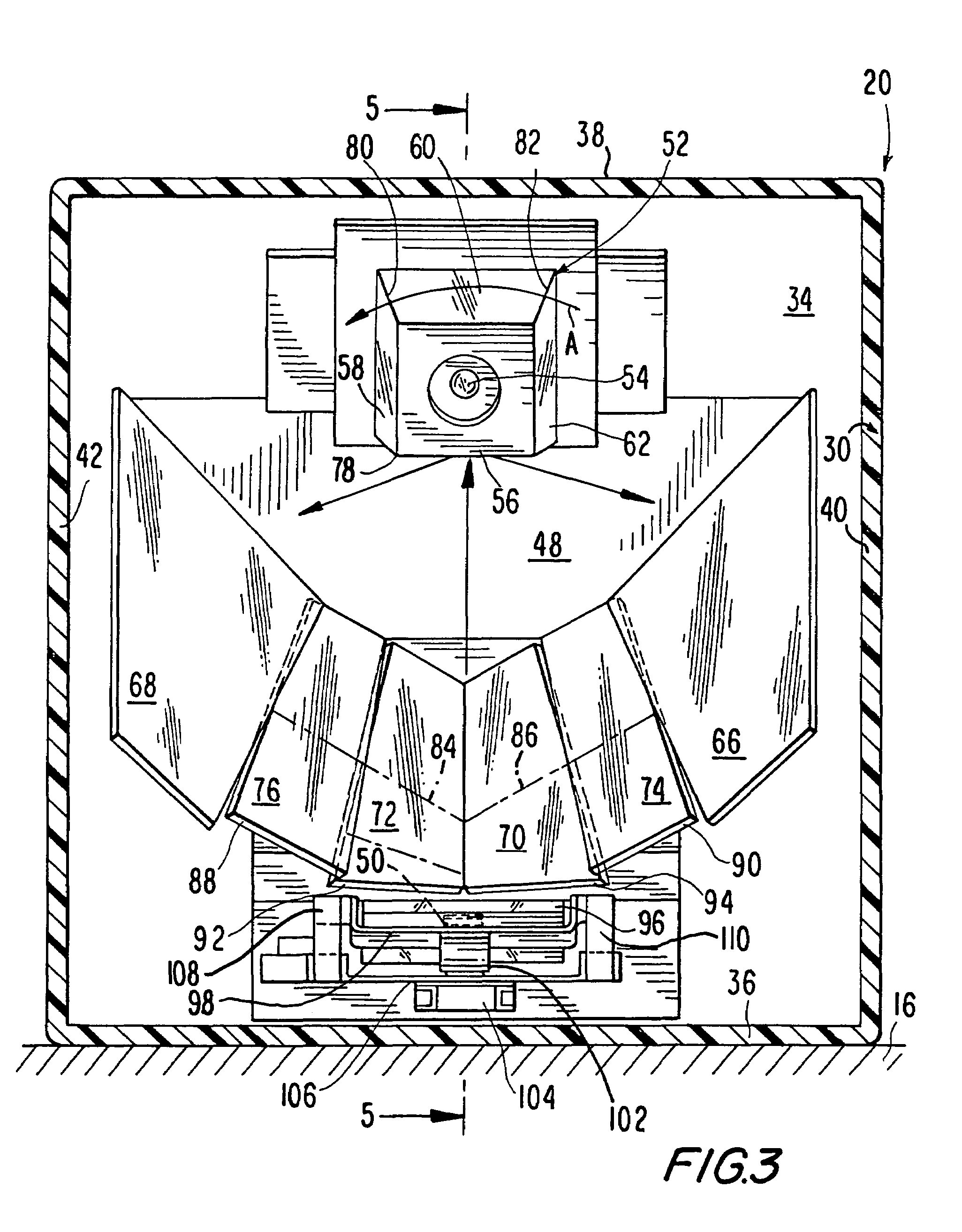 Reader for electro-optically reading indicia through vertical window at which full coverage, omni-directional scan pattern is generated