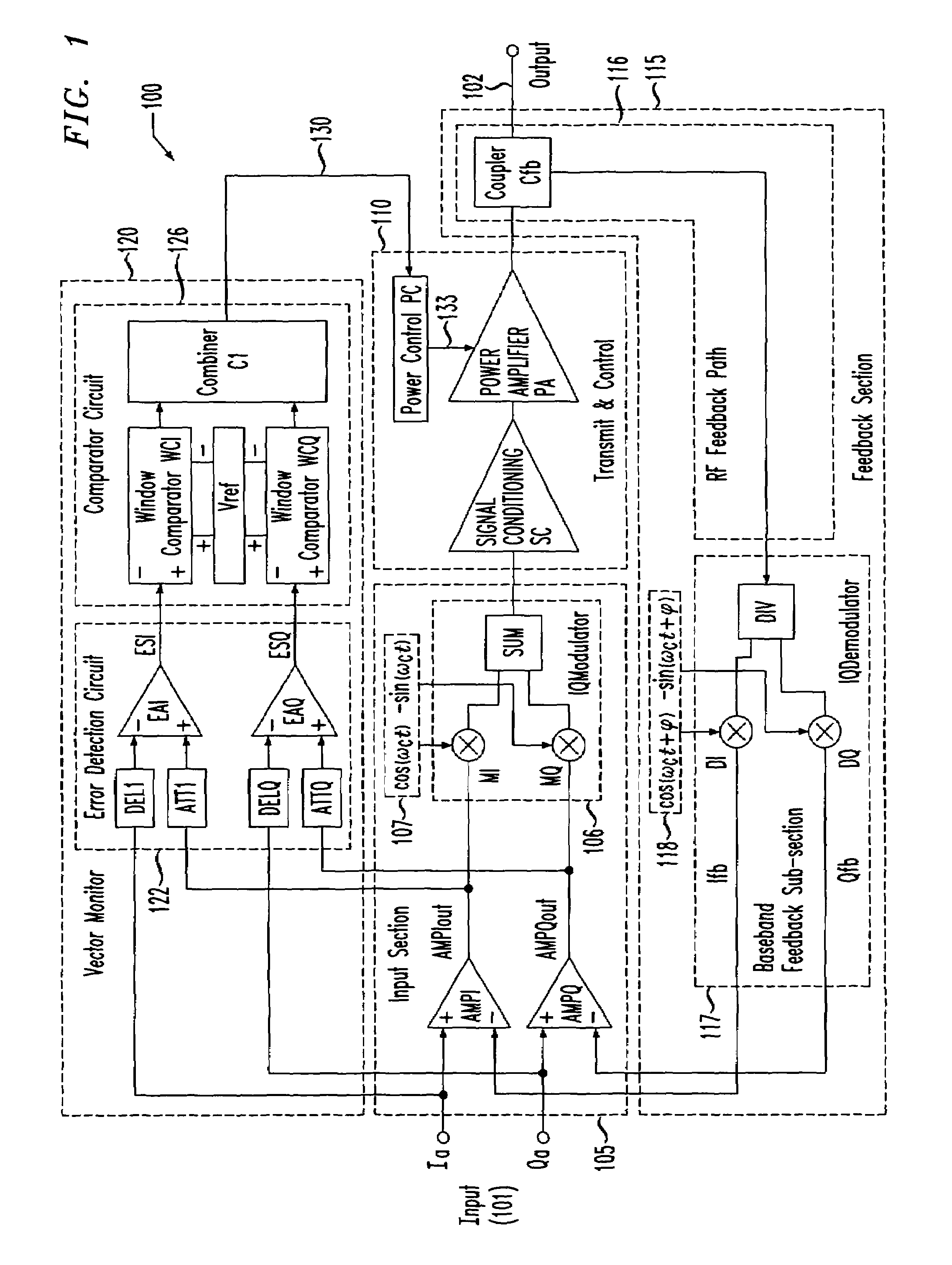 Vector monitor, related method of controlling a transmitter and transmitter employing the same