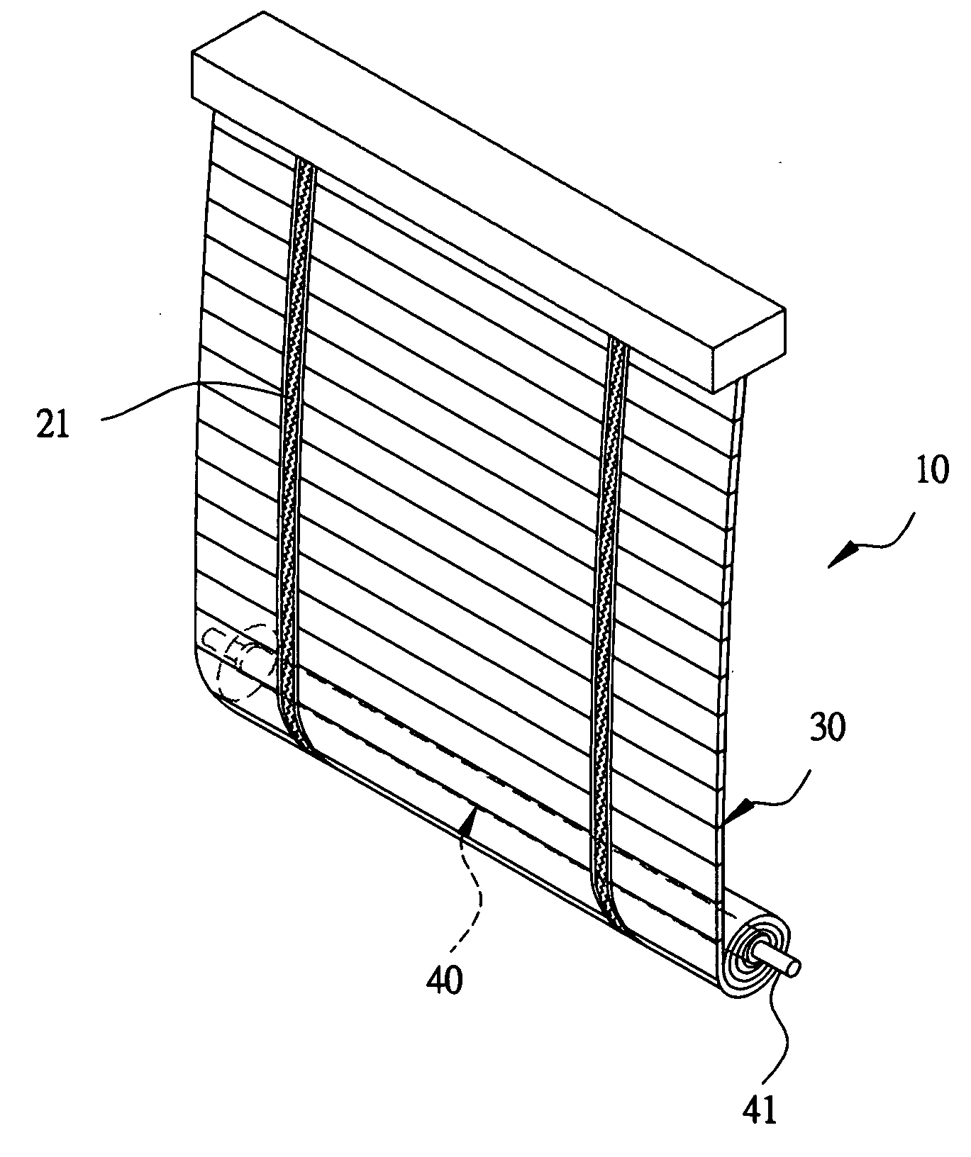 Collapsing and securing device of lateral blinds