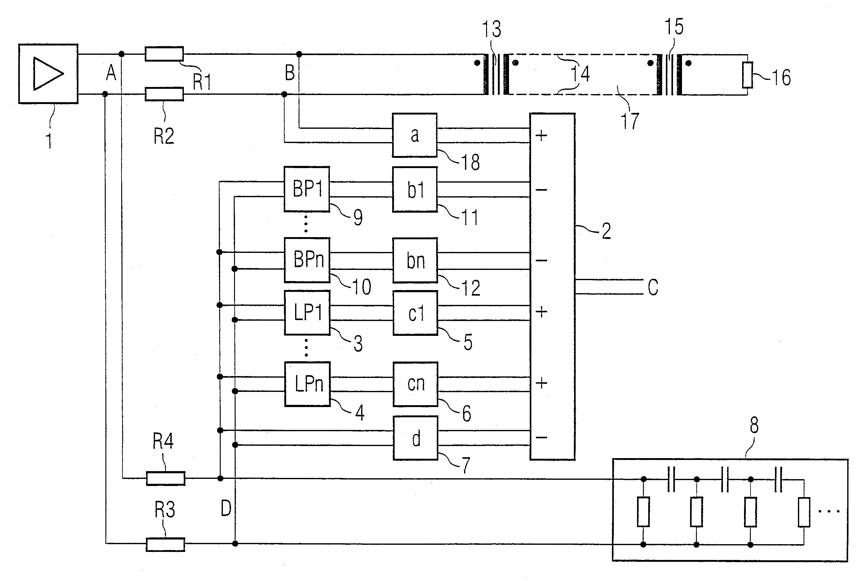 Circuit arrangement for the analogue suppression of echoes