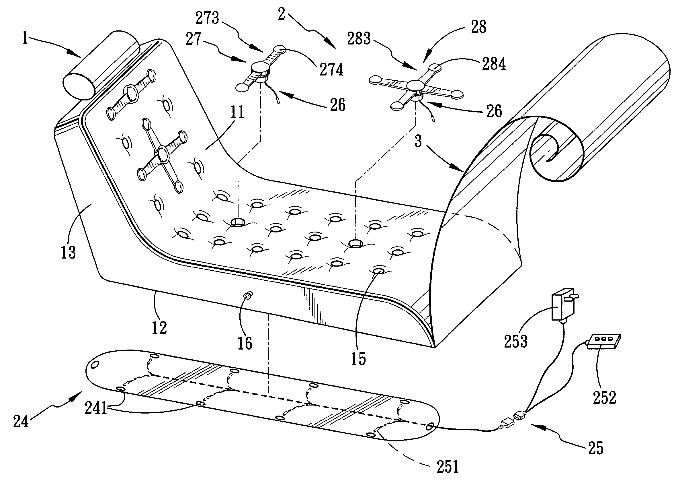 Furniture with an inflatable body and vibrator