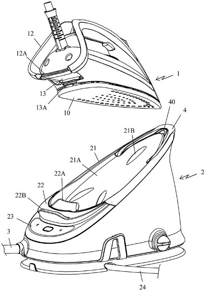 Household appliance comprising an iron and a portable base including an area for setting the iron