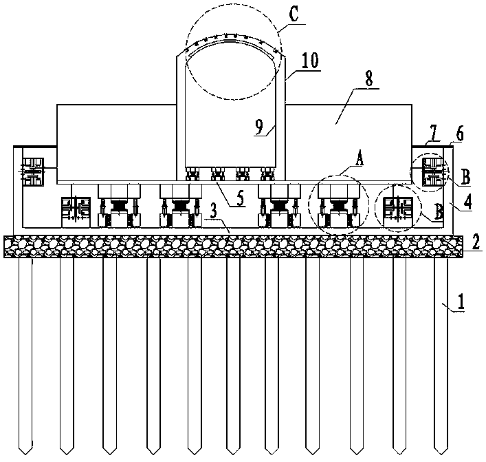 Three-dimensional multi-defense-line double-raft damping structure suitable for nuclear power stations in soft soil areas