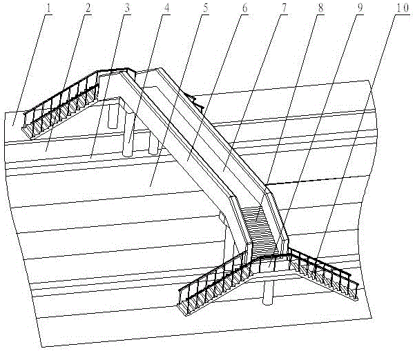 Land-saving overhead type pedestrian bridge