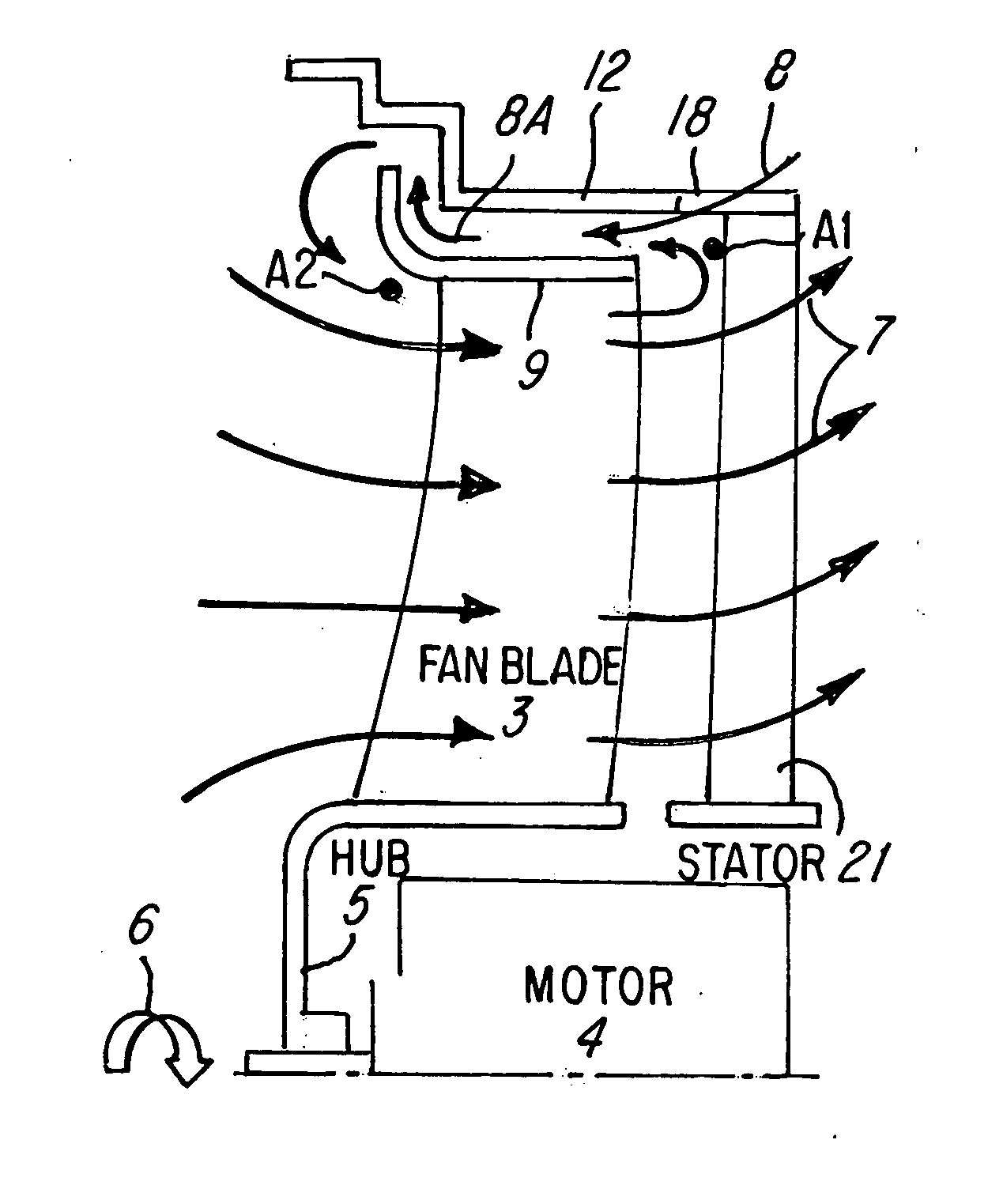 Cooling fan using coanda effect to reduce recirculation