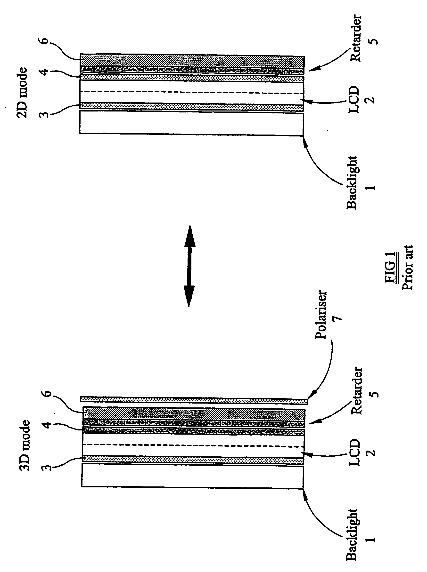 Optical device and display operating in two dimensional and autostereoscopic three dimensional modes