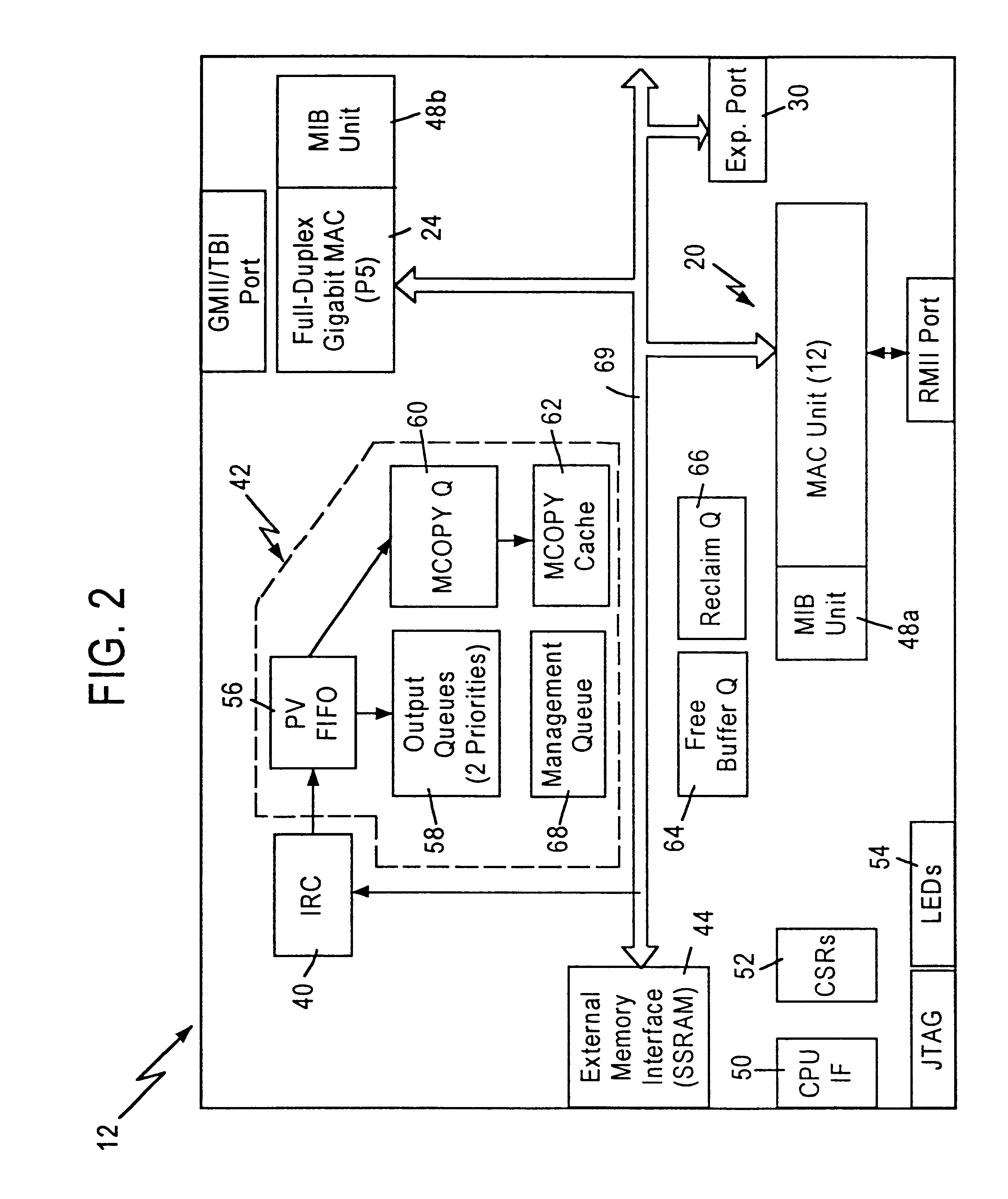 Split-queue architecture with a first queue area and a second queue area and queue overflow area having a trickle mode and an overflow mode based on prescribed threshold values