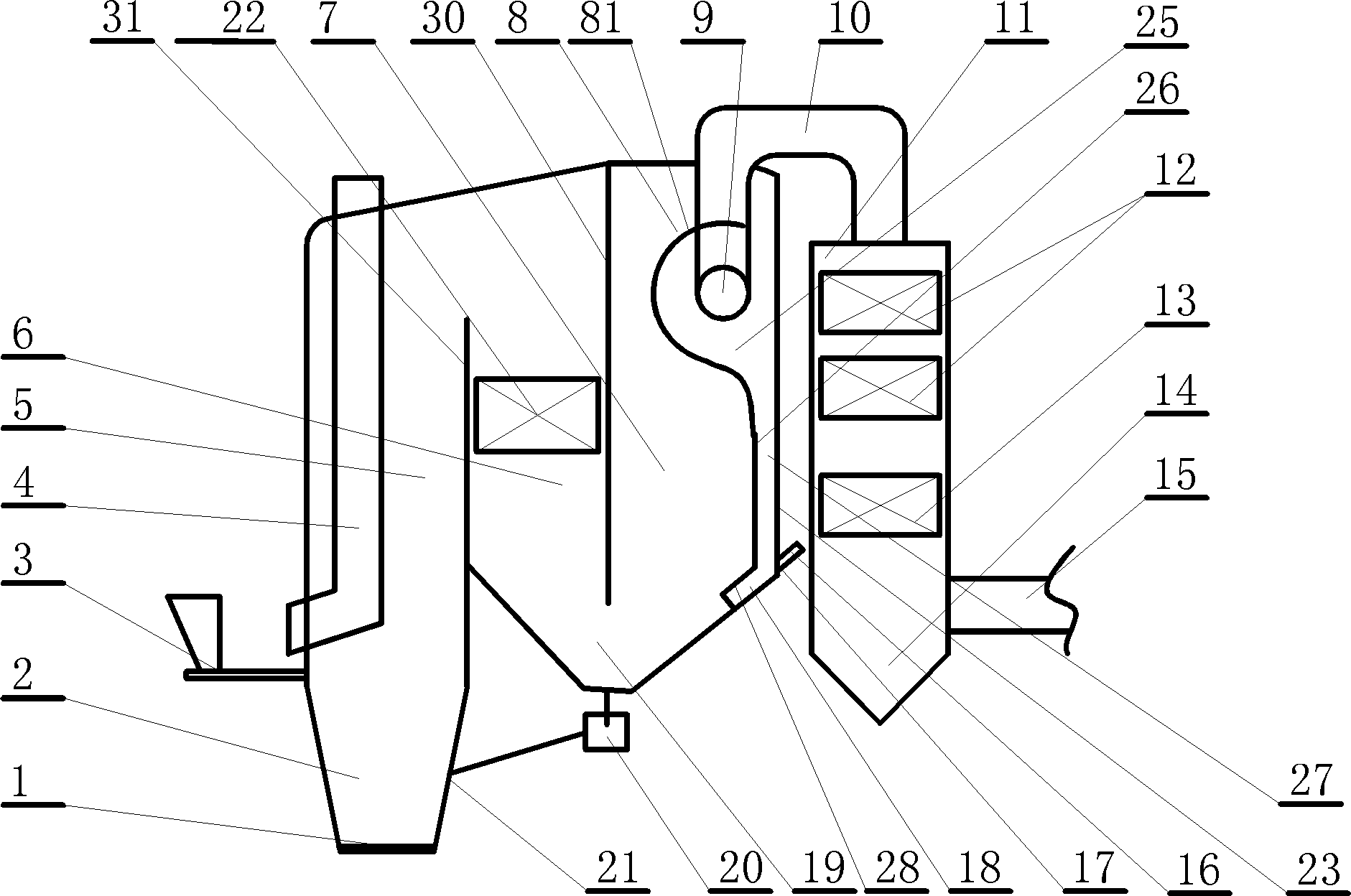 Horizontal type circulating fluidized bed boiler with horizontal cyclone separator