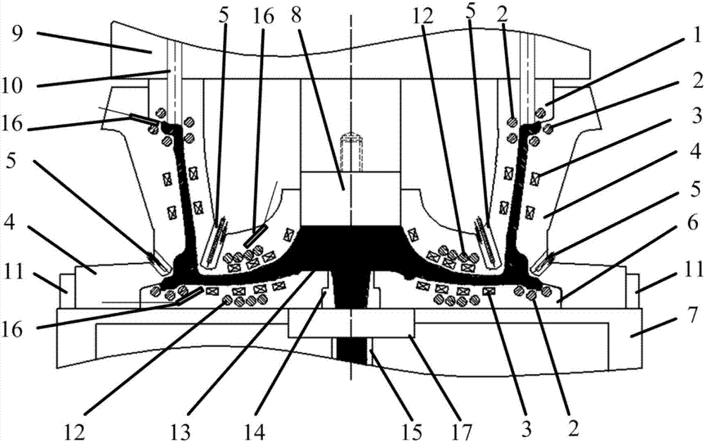 Hub squeeze casting device and method integrating precise temperature control and pulsed magnetic field