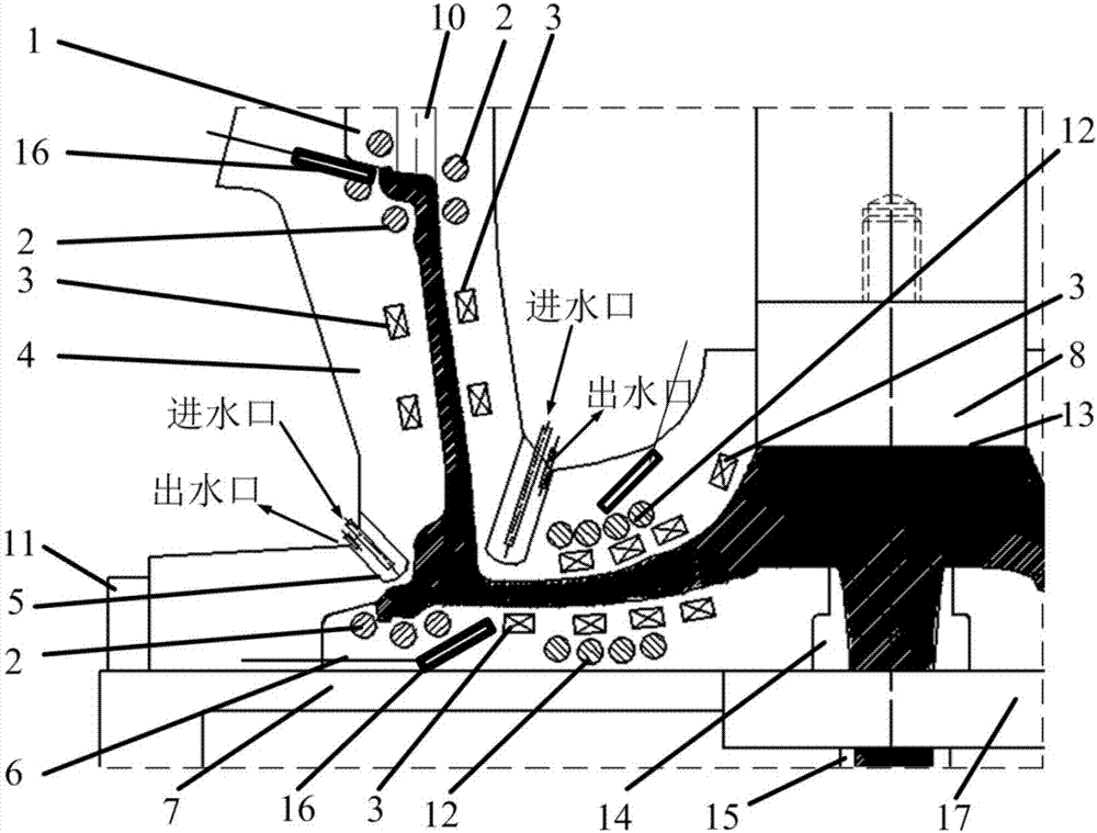 Hub squeeze casting device and method integrating precise temperature control and pulsed magnetic field