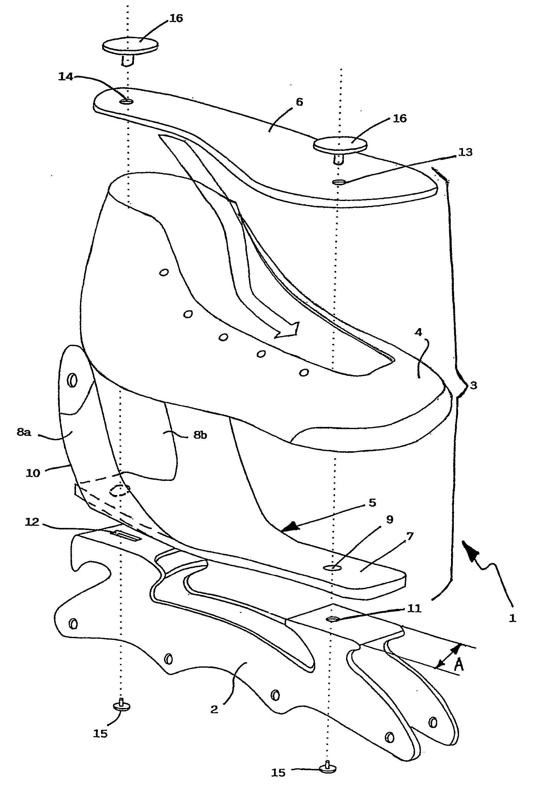 Structure of a sports footwear for roller skates or ice skates