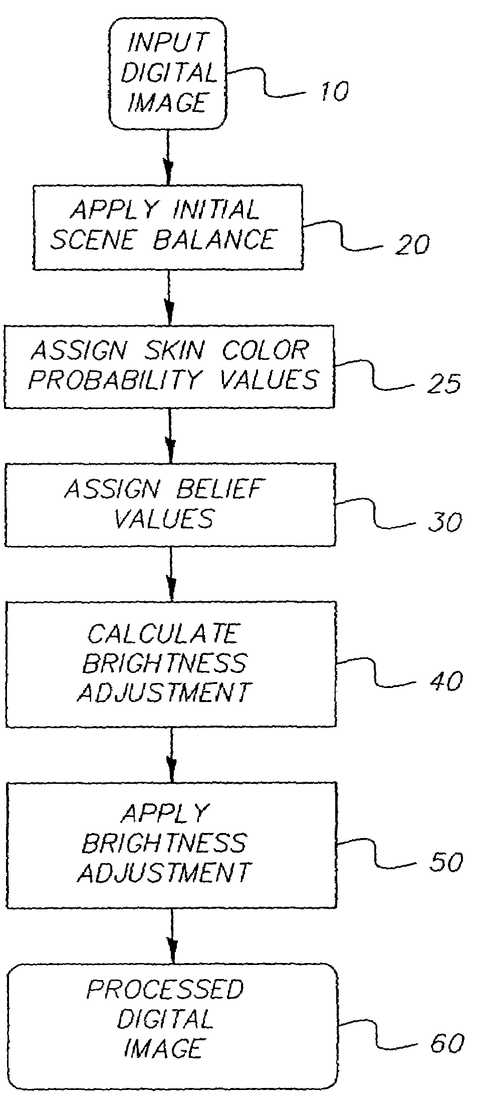 Method for adjusting the brightness of a digital image utilizing belief values