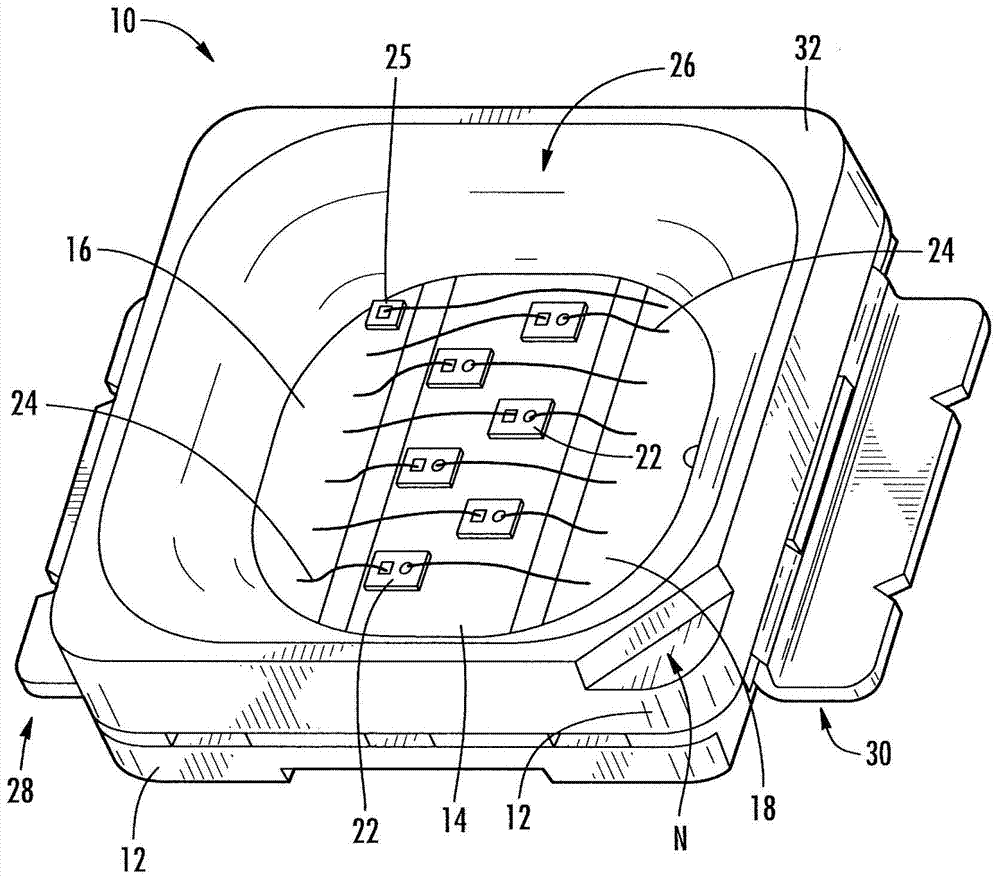 Light emitter package and device with improved wire bonding and related methods