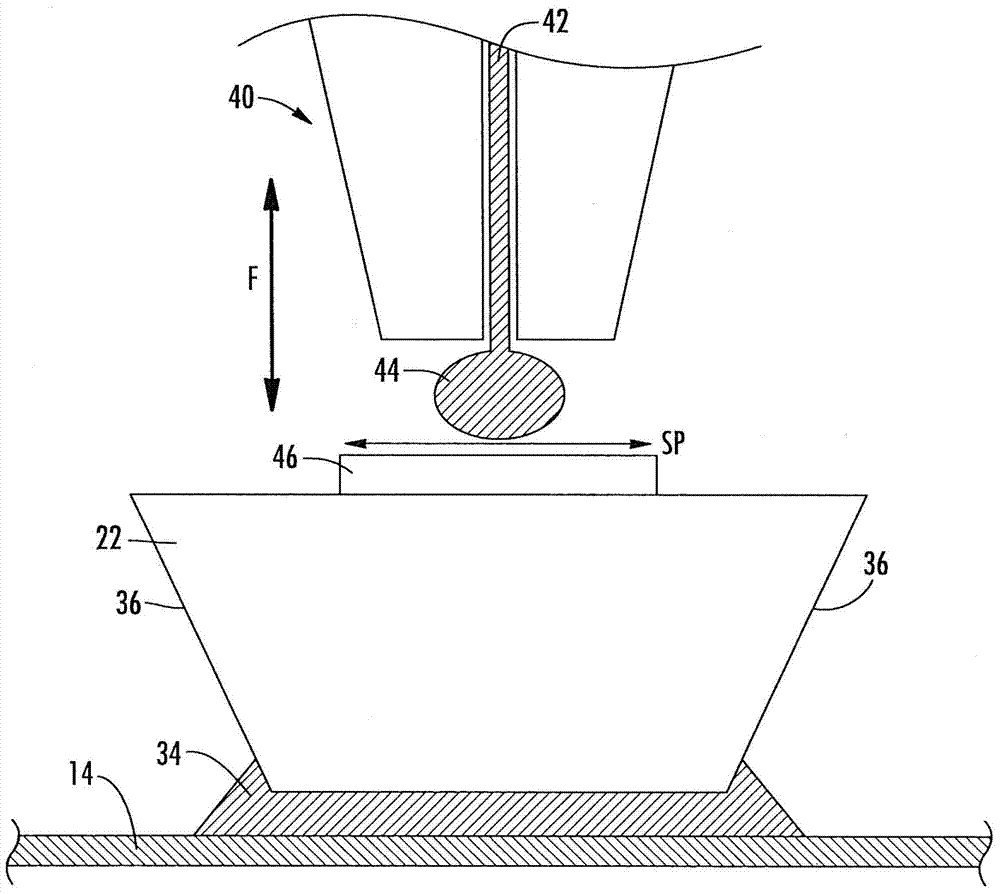 Light emitter package and device with improved wire bonding and related methods