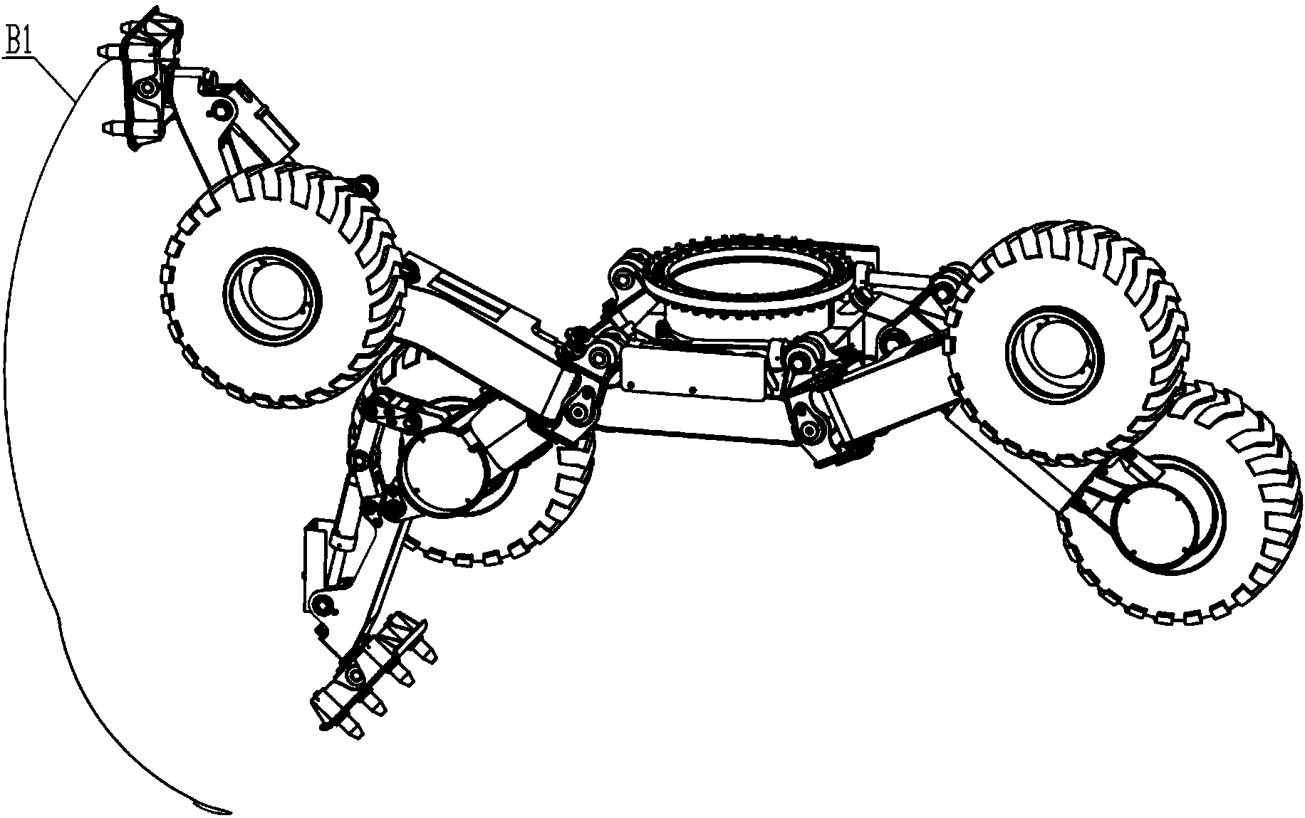 Walking type chassis of symmetrical type multi-freedom-degree four-wheel all-wheel-drive walking type excavator