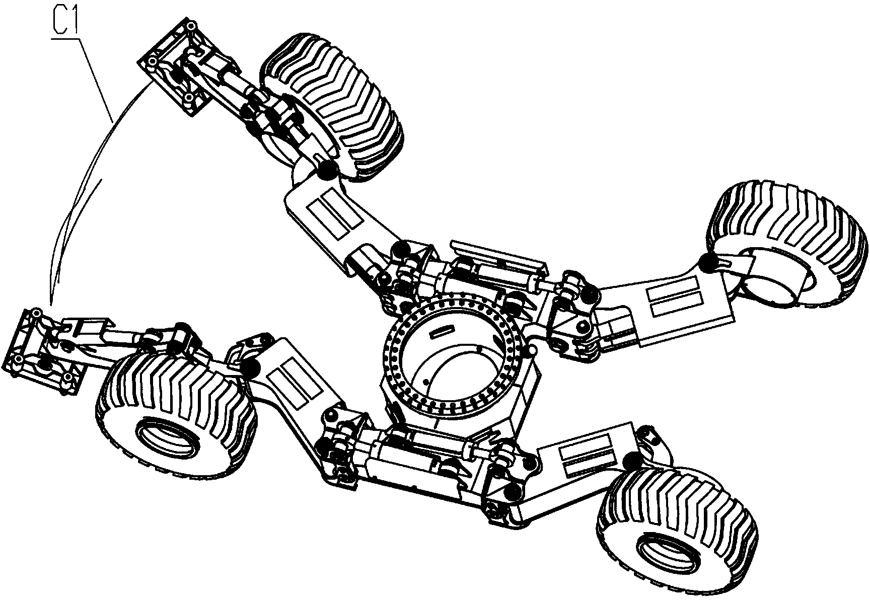 Walking type chassis of symmetrical type multi-freedom-degree four-wheel all-wheel-drive walking type excavator