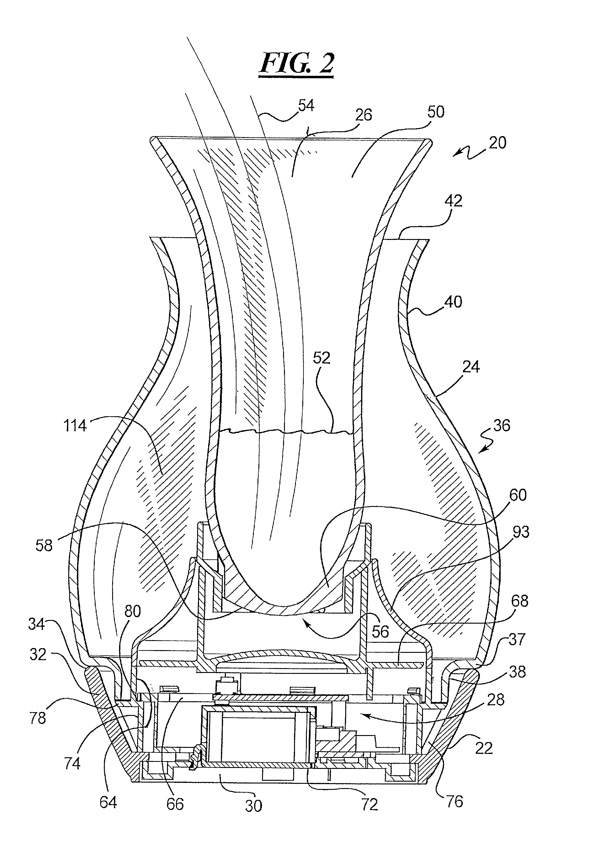 Multi-sensory product combining reeds, volatile actives diffusion, form-within-a-form construction, and light show capabilities