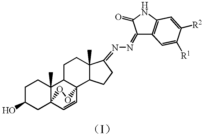 3beta-hydroxyl-5alpha,8alpha-peroxy-androstane-6-alkene-17-(isatin substituted) hydrazone derivative, as well as preparation and application thereof