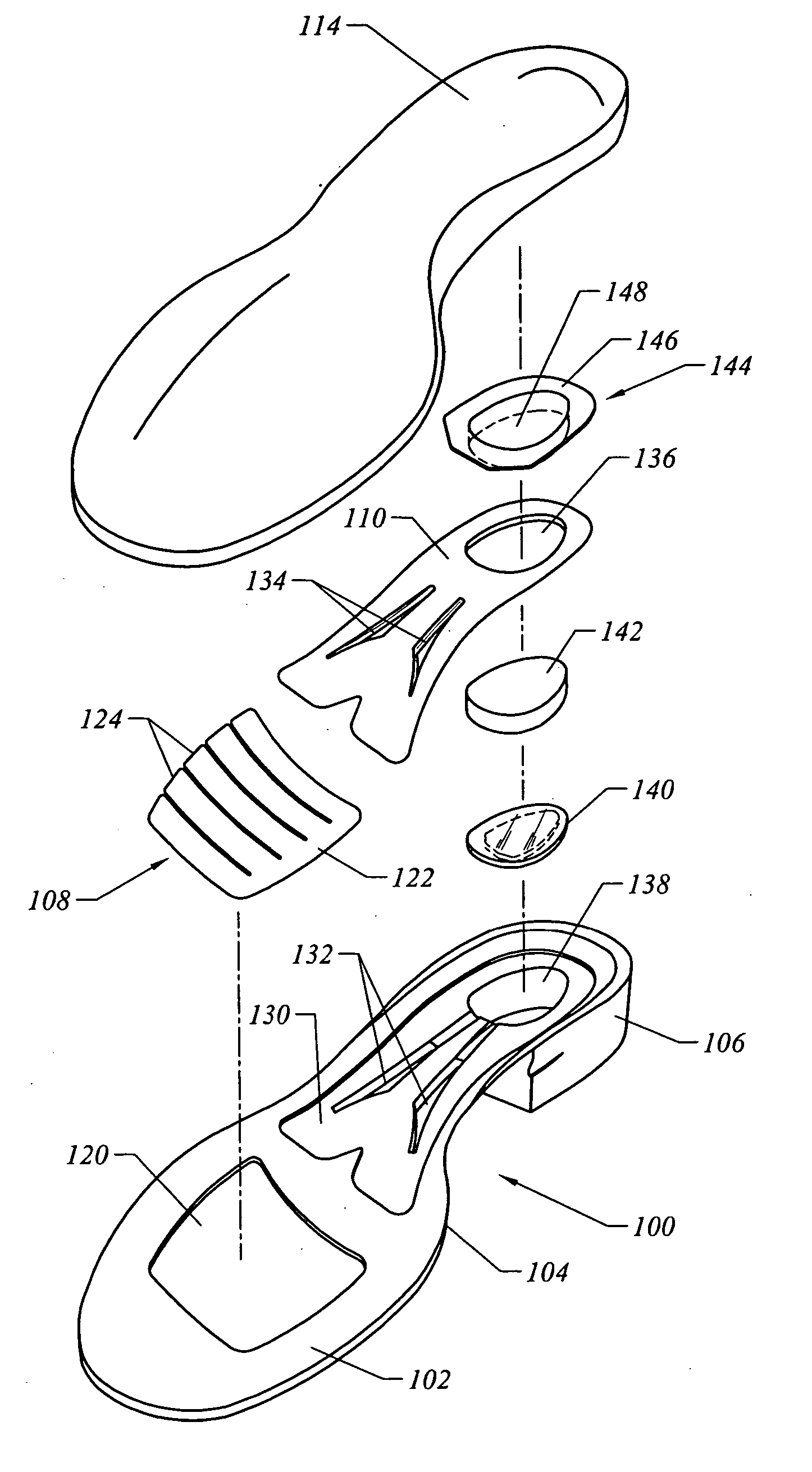 Footwear sole with forefoot stabilizer, ribbed shank, and layered heel cushioning