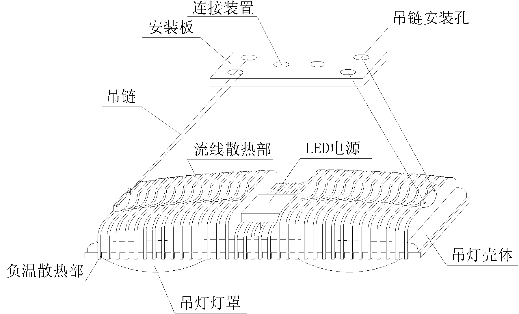 Light-equalizing radiating type photoelectric separated LED (Light Emitting Diode) pendant lamp with pendant chains and mounting plate