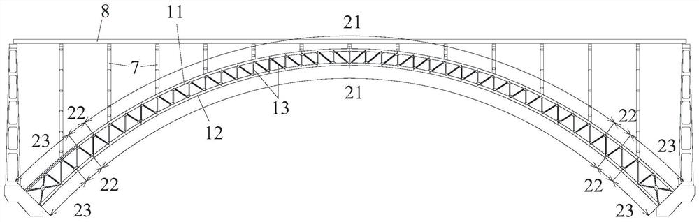 A top-supported multi-piece truss steel truss arch structure