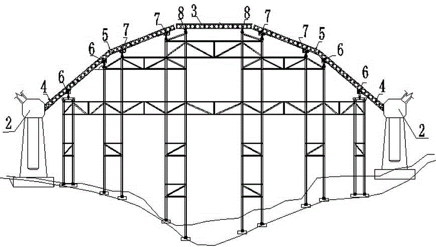 Arching structure of high large-span bridge bailey beams and construction method thereof